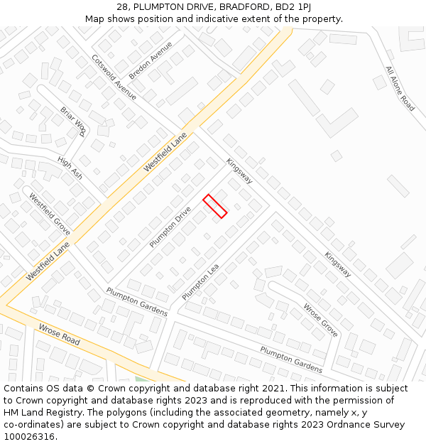 28, PLUMPTON DRIVE, BRADFORD, BD2 1PJ: Location map and indicative extent of plot