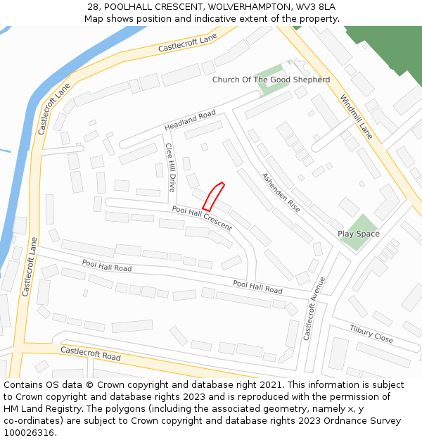 28, POOLHALL CRESCENT, WOLVERHAMPTON, WV3 8LA: Location map and indicative extent of plot