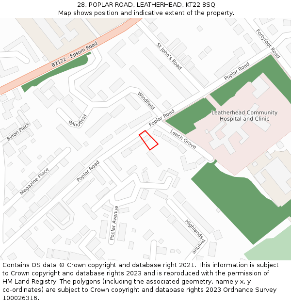 28, POPLAR ROAD, LEATHERHEAD, KT22 8SQ: Location map and indicative extent of plot