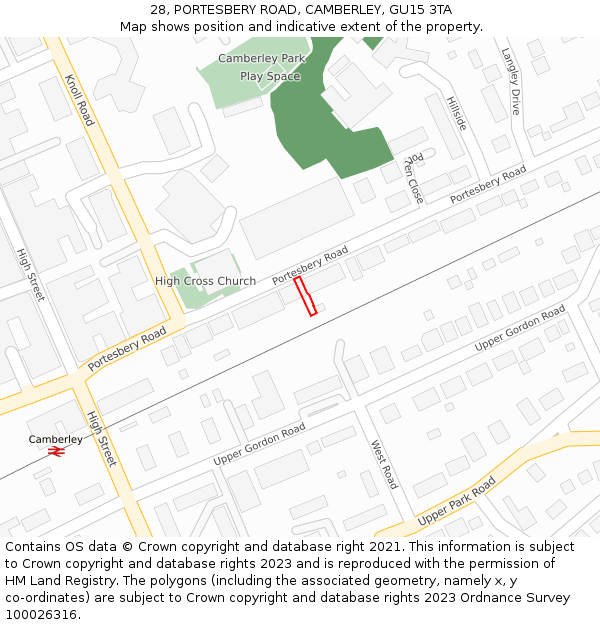 28, PORTESBERY ROAD, CAMBERLEY, GU15 3TA: Location map and indicative extent of plot