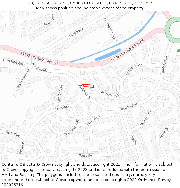 28, PORTSCH CLOSE, CARLTON COLVILLE, LOWESTOFT, NR33 8TY: Location map and indicative extent of plot