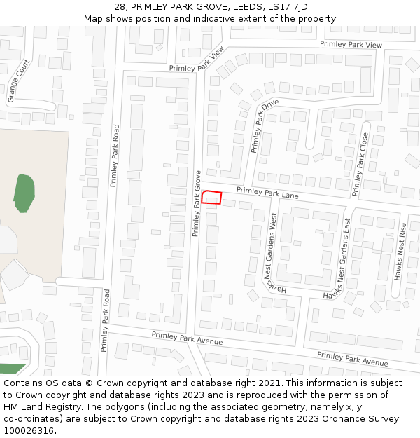28, PRIMLEY PARK GROVE, LEEDS, LS17 7JD: Location map and indicative extent of plot