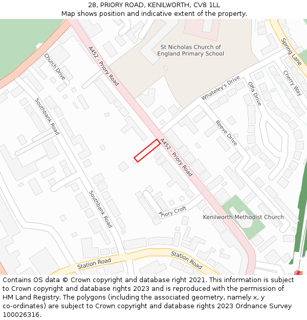 28, PRIORY ROAD, KENILWORTH, CV8 1LL: Location map and indicative extent of plot