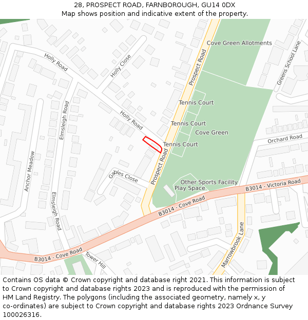 28, PROSPECT ROAD, FARNBOROUGH, GU14 0DX: Location map and indicative extent of plot