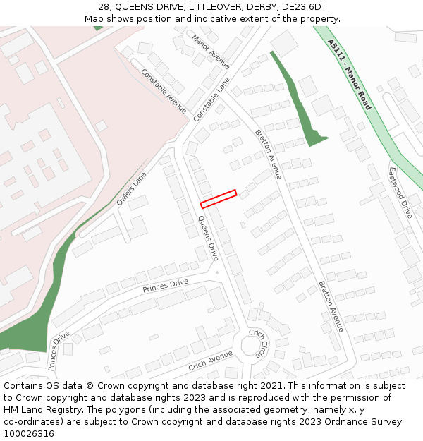 28, QUEENS DRIVE, LITTLEOVER, DERBY, DE23 6DT: Location map and indicative extent of plot