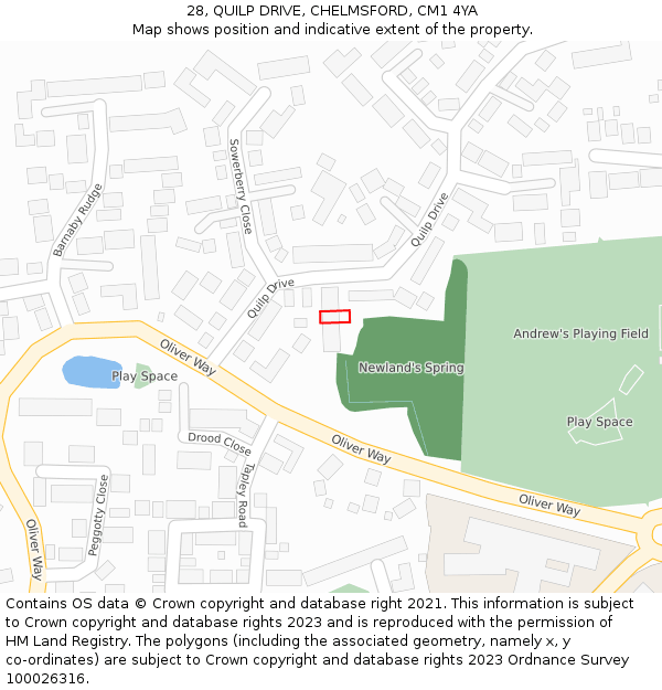 28, QUILP DRIVE, CHELMSFORD, CM1 4YA: Location map and indicative extent of plot