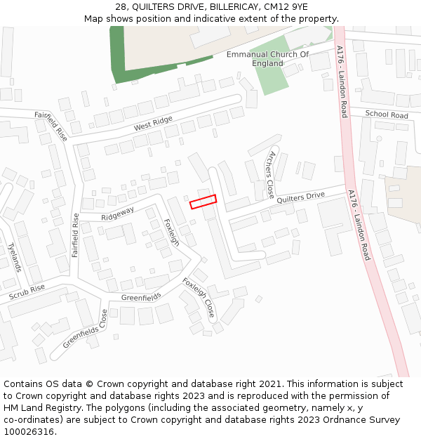 28, QUILTERS DRIVE, BILLERICAY, CM12 9YE: Location map and indicative extent of plot