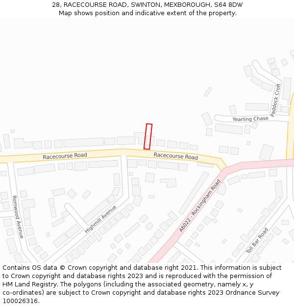 28, RACECOURSE ROAD, SWINTON, MEXBOROUGH, S64 8DW: Location map and indicative extent of plot