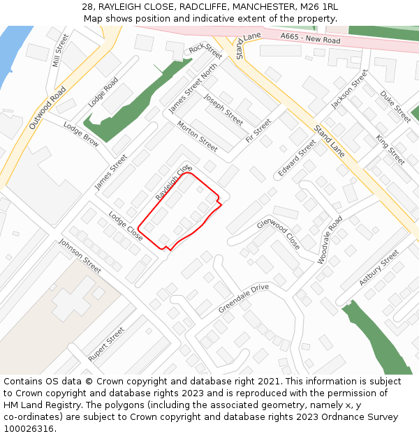 28, RAYLEIGH CLOSE, RADCLIFFE, MANCHESTER, M26 1RL: Location map and indicative extent of plot