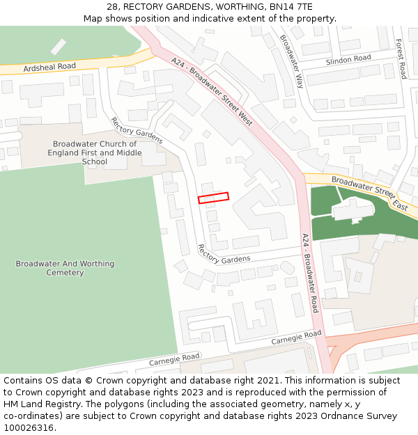 28, RECTORY GARDENS, WORTHING, BN14 7TE: Location map and indicative extent of plot