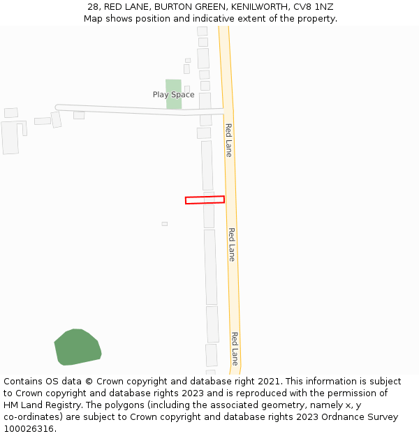 28, RED LANE, BURTON GREEN, KENILWORTH, CV8 1NZ: Location map and indicative extent of plot