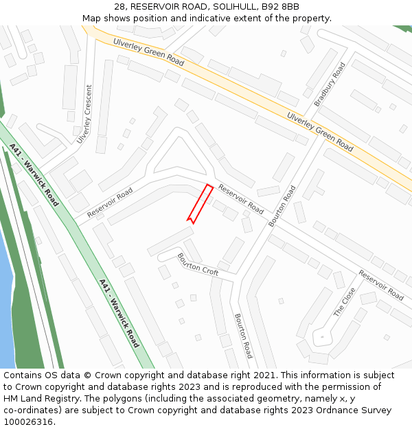 28, RESERVOIR ROAD, SOLIHULL, B92 8BB: Location map and indicative extent of plot