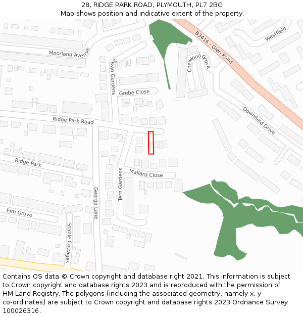 28, RIDGE PARK ROAD, PLYMOUTH, PL7 2BG: Location map and indicative extent of plot