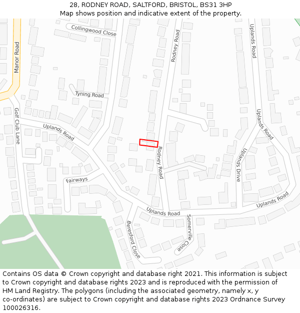 28, RODNEY ROAD, SALTFORD, BRISTOL, BS31 3HP: Location map and indicative extent of plot