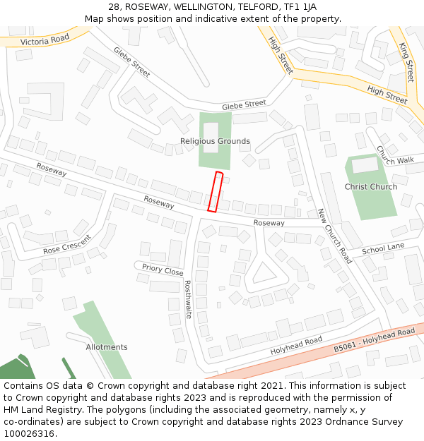 28, ROSEWAY, WELLINGTON, TELFORD, TF1 1JA: Location map and indicative extent of plot