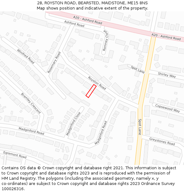 28, ROYSTON ROAD, BEARSTED, MAIDSTONE, ME15 8NS: Location map and indicative extent of plot