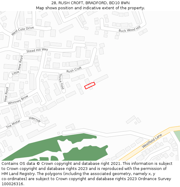 28, RUSH CROFT, BRADFORD, BD10 8WN: Location map and indicative extent of plot