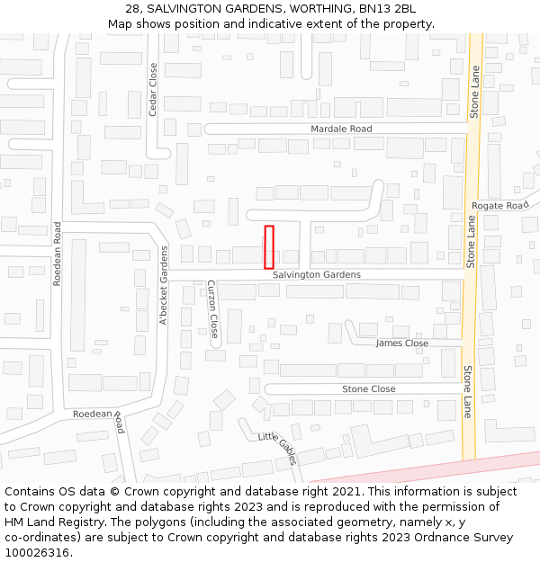 28, SALVINGTON GARDENS, WORTHING, BN13 2BL: Location map and indicative extent of plot