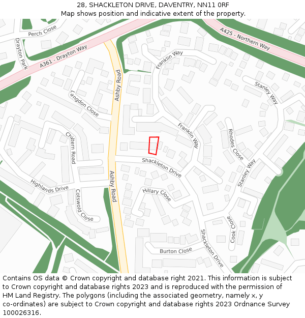 28, SHACKLETON DRIVE, DAVENTRY, NN11 0RF: Location map and indicative extent of plot