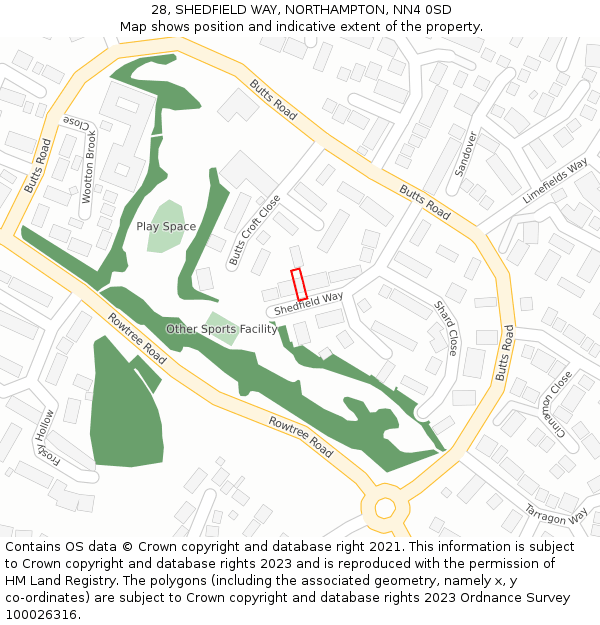 28, SHEDFIELD WAY, NORTHAMPTON, NN4 0SD: Location map and indicative extent of plot