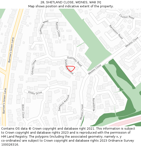 28, SHETLAND CLOSE, WIDNES, WA8 3YJ: Location map and indicative extent of plot
