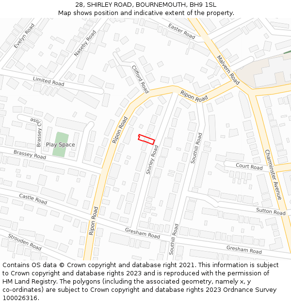 28, SHIRLEY ROAD, BOURNEMOUTH, BH9 1SL: Location map and indicative extent of plot