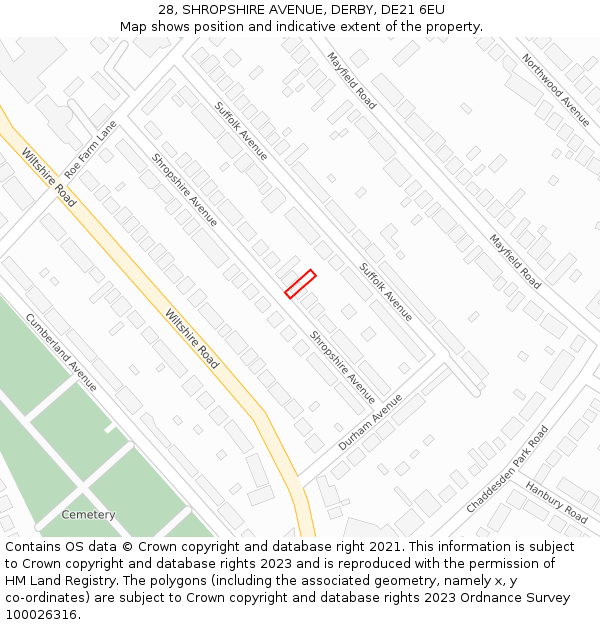 28, SHROPSHIRE AVENUE, DERBY, DE21 6EU: Location map and indicative extent of plot