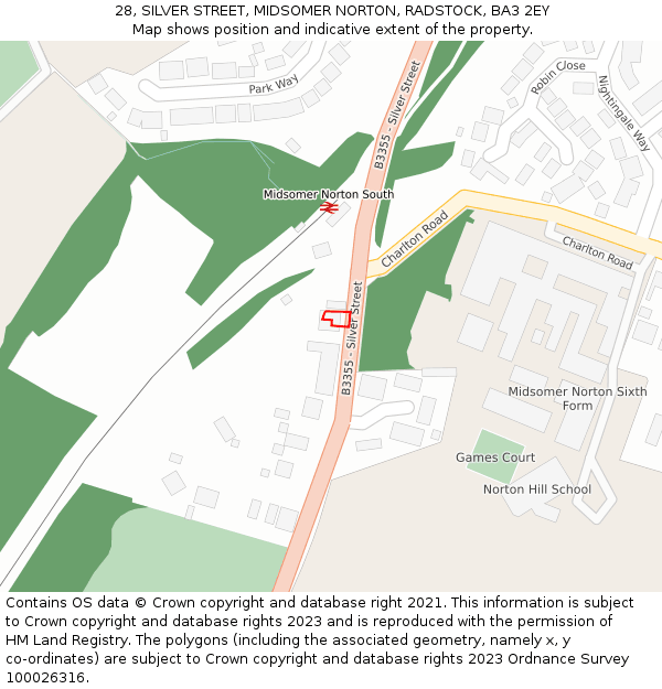28, SILVER STREET, MIDSOMER NORTON, RADSTOCK, BA3 2EY: Location map and indicative extent of plot