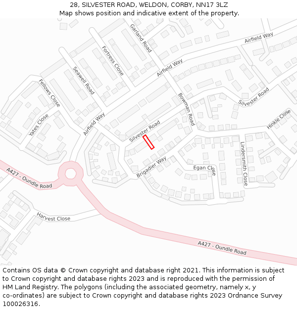 28, SILVESTER ROAD, WELDON, CORBY, NN17 3LZ: Location map and indicative extent of plot