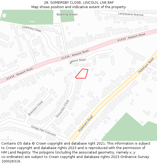 28, SOMERSBY CLOSE, LINCOLN, LN6 8AF: Location map and indicative extent of plot