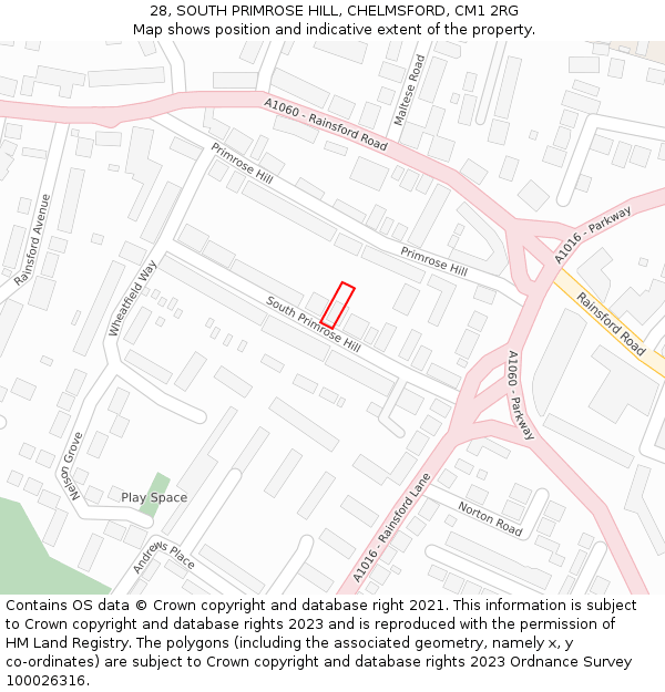 28, SOUTH PRIMROSE HILL, CHELMSFORD, CM1 2RG: Location map and indicative extent of plot