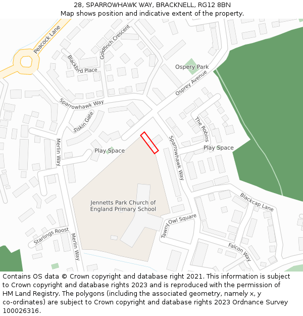 28, SPARROWHAWK WAY, BRACKNELL, RG12 8BN: Location map and indicative extent of plot