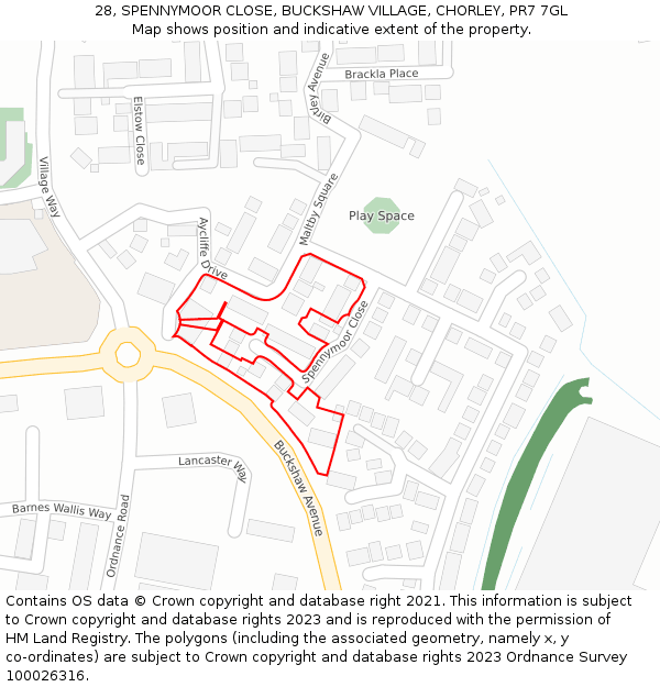 28, SPENNYMOOR CLOSE, BUCKSHAW VILLAGE, CHORLEY, PR7 7GL: Location map and indicative extent of plot