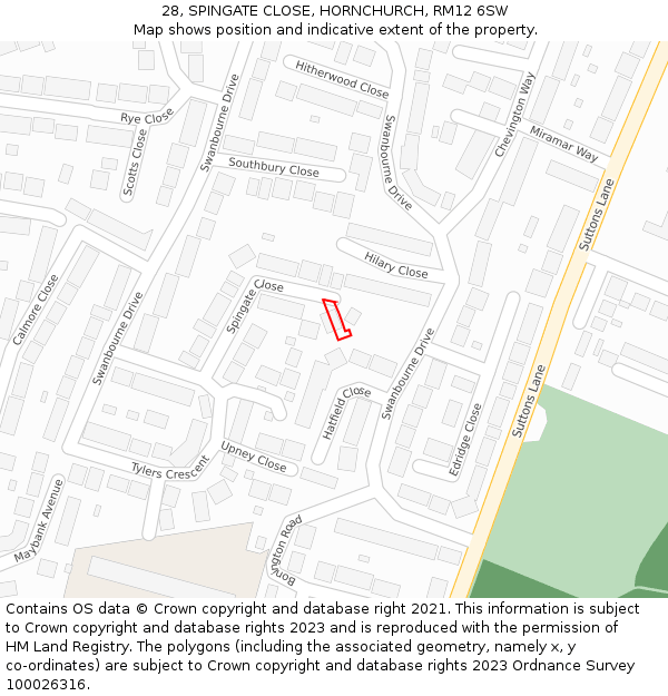 28, SPINGATE CLOSE, HORNCHURCH, RM12 6SW: Location map and indicative extent of plot