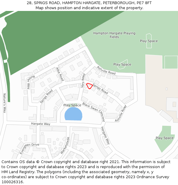 28, SPRIGS ROAD, HAMPTON HARGATE, PETERBOROUGH, PE7 8FT: Location map and indicative extent of plot