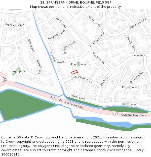 28, SPRINGBANK DRIVE, BOURNE, PE10 0GP: Location map and indicative extent of plot