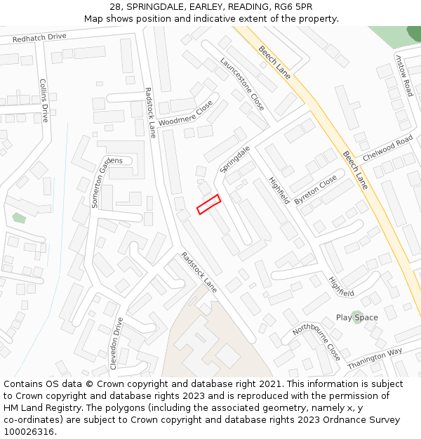 28, SPRINGDALE, EARLEY, READING, RG6 5PR: Location map and indicative extent of plot
