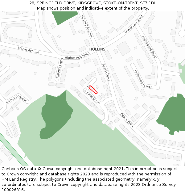28, SPRINGFIELD DRIVE, KIDSGROVE, STOKE-ON-TRENT, ST7 1BL: Location map and indicative extent of plot
