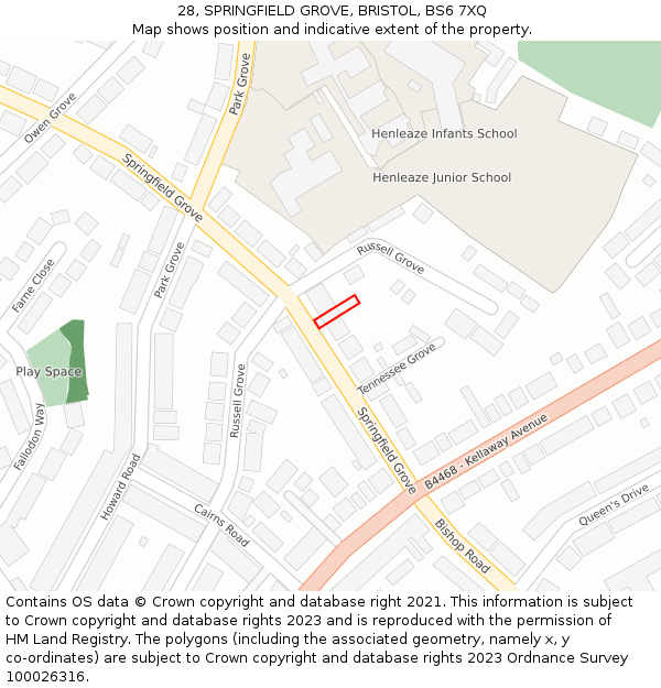 28, SPRINGFIELD GROVE, BRISTOL, BS6 7XQ: Location map and indicative extent of plot