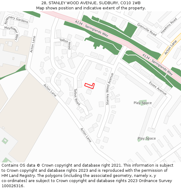 28, STANLEY WOOD AVENUE, SUDBURY, CO10 1WB: Location map and indicative extent of plot
