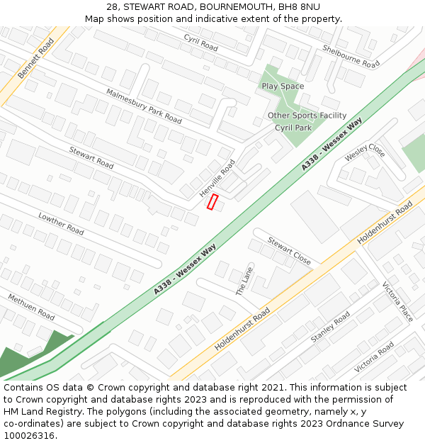 28, STEWART ROAD, BOURNEMOUTH, BH8 8NU: Location map and indicative extent of plot