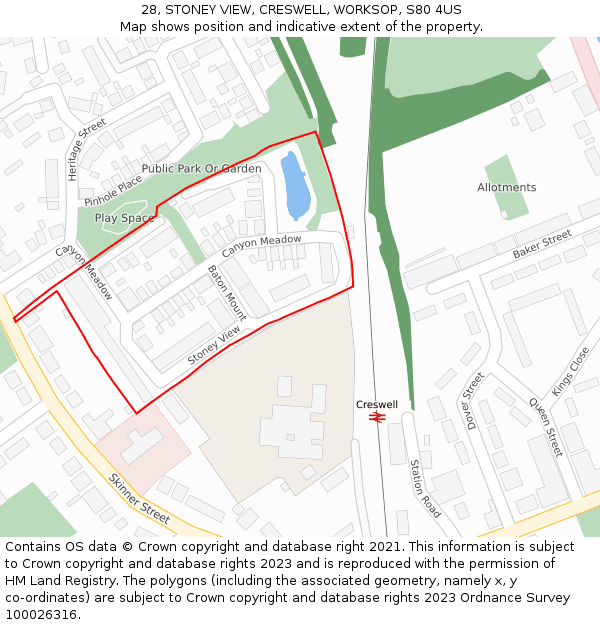 28, STONEY VIEW, CRESWELL, WORKSOP, S80 4US: Location map and indicative extent of plot