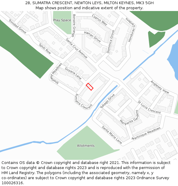 28, SUMATRA CRESCENT, NEWTON LEYS, MILTON KEYNES, MK3 5GH: Location map and indicative extent of plot