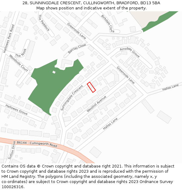 28, SUNNINGDALE CRESCENT, CULLINGWORTH, BRADFORD, BD13 5BA: Location map and indicative extent of plot