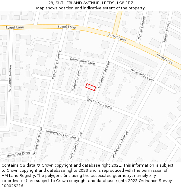 28, SUTHERLAND AVENUE, LEEDS, LS8 1BZ: Location map and indicative extent of plot