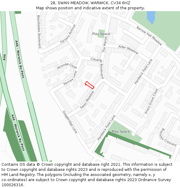 28, SWAN MEADOW, WARWICK, CV34 6HZ: Location map and indicative extent of plot