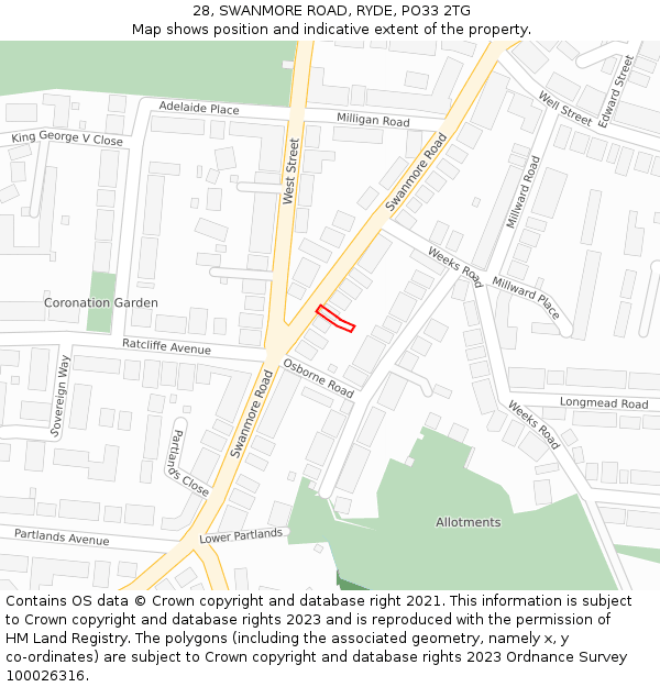 28, SWANMORE ROAD, RYDE, PO33 2TG: Location map and indicative extent of plot