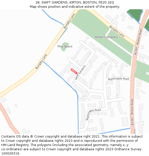28, SWIFT GARDENS, KIRTON, BOSTON, PE20 1EQ: Location map and indicative extent of plot