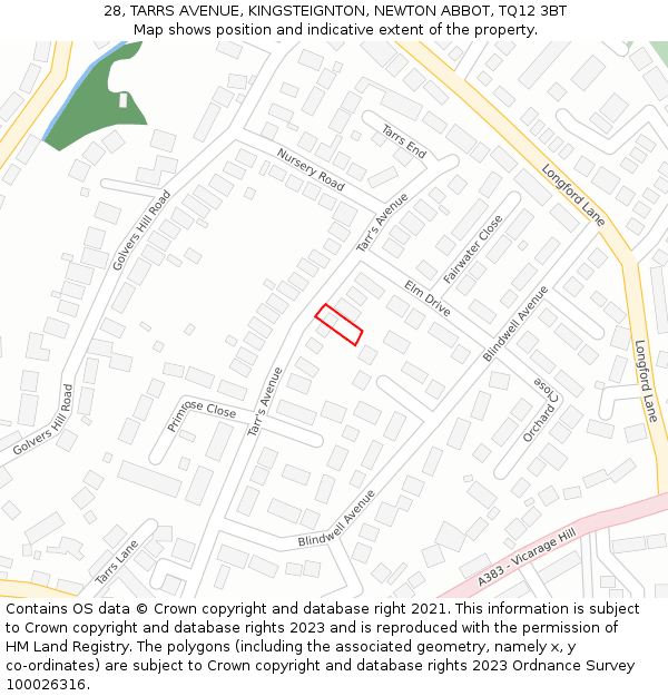 28, TARRS AVENUE, KINGSTEIGNTON, NEWTON ABBOT, TQ12 3BT: Location map and indicative extent of plot