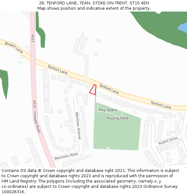 28, TENFORD LANE, TEAN, STOKE-ON-TRENT, ST10 4EN: Location map and indicative extent of plot